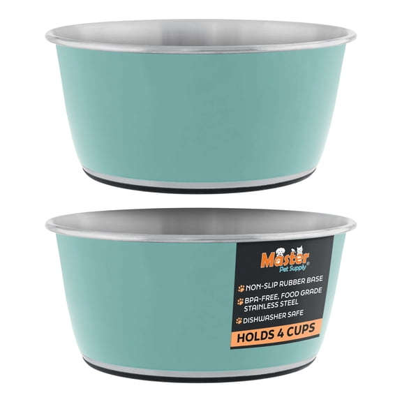 Master Pet Supply Stainless Steel Dog Bowls Set of 2 (32 Oz Each) with Non-Slip Rubber Base - Aqua Sky - Basic Dog Food Bowl Water & Food Bowls for Small Medium Large Dogs & Cats, Metal Dish