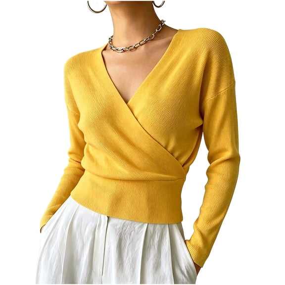 hotojiny Womens Long Sleeve T Shirts Fall Trendy Deep V Neck Slim Fit Basic Tops Casual Going out Warp Shirt(Yellow,X-Large)