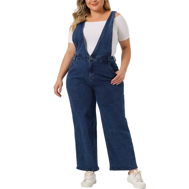Overol de mezclilla largo de tirantes en forma de V para mujeres de talla grande Agnes Orinda 1X azul oscuro
