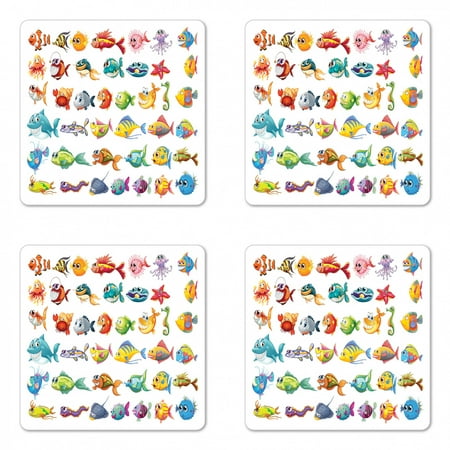 

Fish Coaster Set of 4 Composition of Sea Creatures Nursery Cartoon Style Vivid Colors Happy Fish Abstract Square Hardboard Gloss Coasters Standard Size Multicolor by Ambesonne