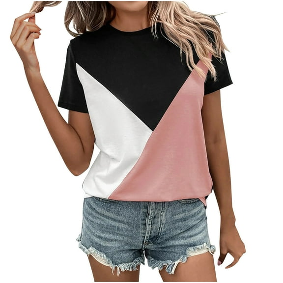 Njoeus Crewneck Shirts for Women, Womens Color Block Short Sleeve Tops Loose Casual Tee Summer T-Shirt Blouses S-XXL