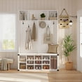 thumbnail image 2 of 60" Tall Hall Tree with Shoe Storage Bench - 4-in-1 Entryway Organizer with Coat Rack, Adjustable Shelf, 2 Cabinet Doors & 5 Hooks, White Storage Bench for Entryway, Bedroom, Living Room, 2 of 8