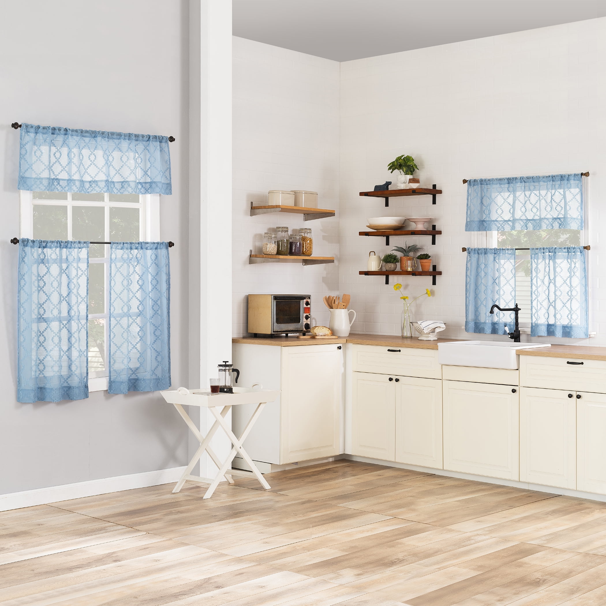 No. 918 Tina Geometric Clipped Semi-Sheer Rod Pocket Kitchen Curtains, 54"x24"