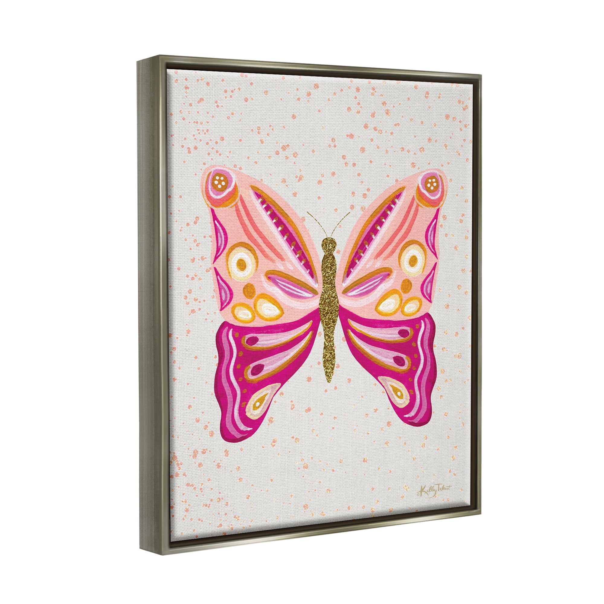 Stupell Industries Modern Glam Pink Butterfly Animals & Insects Painting Gray Floater Framed Canvas Art Print Wall Art, 25 x 31