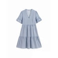 thumbnail image 7 of FDGIU Women's V Neck Striped Ruffle Short Sleeve Tiered A Line Mini Dress, Casual Summer Swing Babydoll Short Dress, 7 of 7