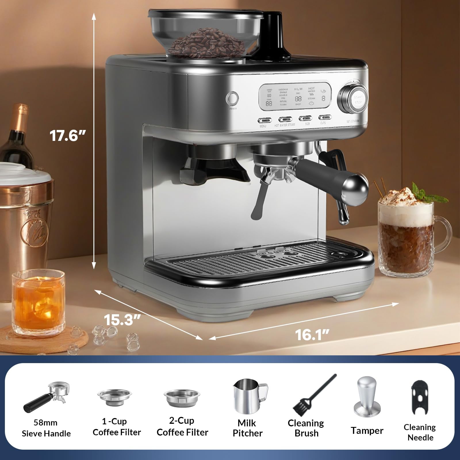 Home Semi-Automatic Espresso Machine, Stainless Steel Coffee Machine with Grinder and Steam Milk Frother, LCD Smart Screen Espresso Maker with 78 Oz Removable Water Tank