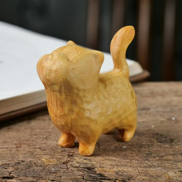 Pequeño gato de madera lindo, modelo de madera tallada gato lindo hecho a mano, estatua de escultura de gato de madera hecha a mano, figuras de gato decoración del hogar