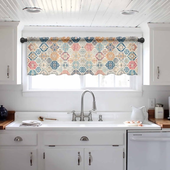 Boho Morocco Valance Curtains for Kitchen/Living Room/Bathroom/Bedroom Window, Retro Farmhouse Ethnic Neutral Aesthetic Rod Pocket Small Topper Half Short Window Curtains Voile Sheer Scarf 42"x12"