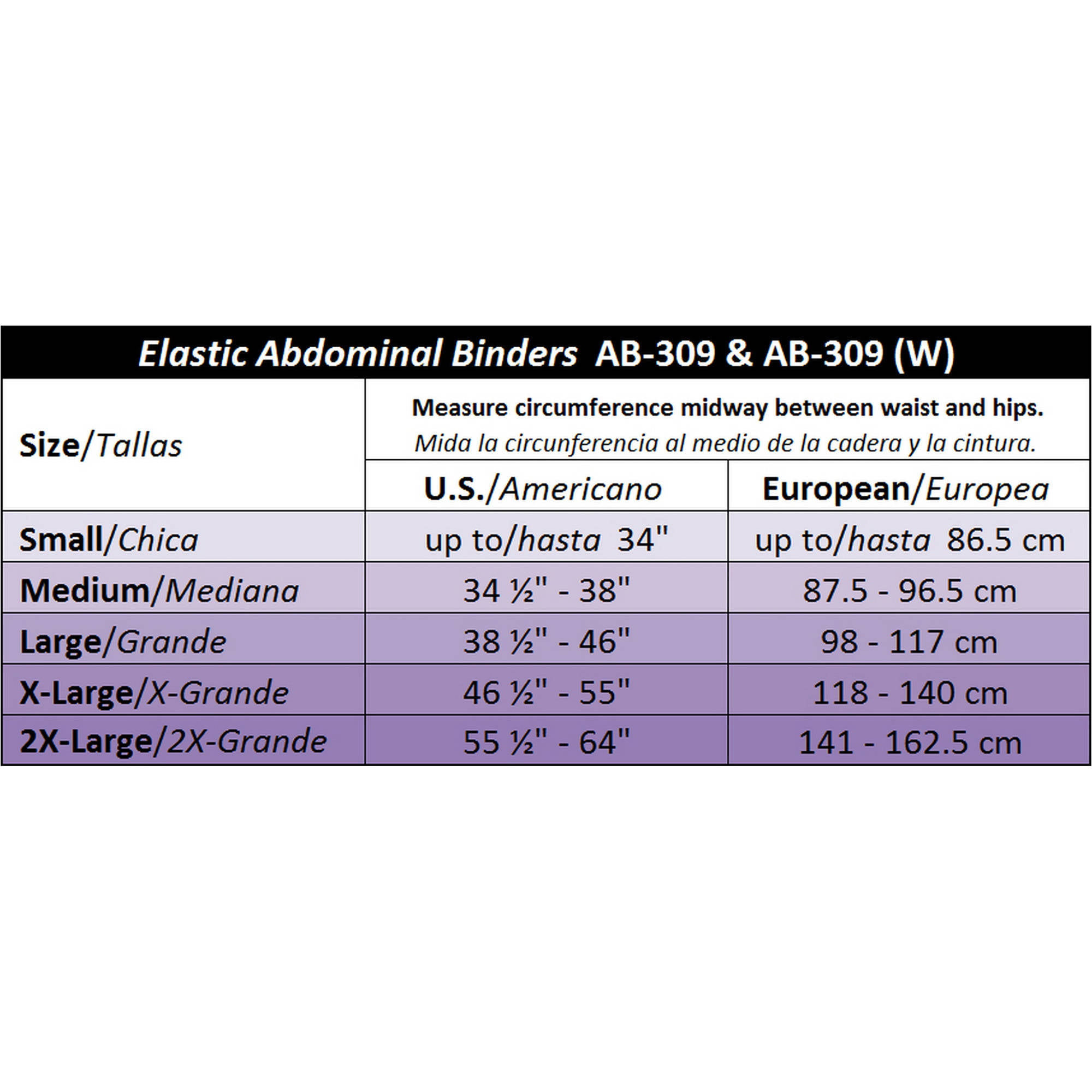 Gabrialla Abdominal Binder Size Chart