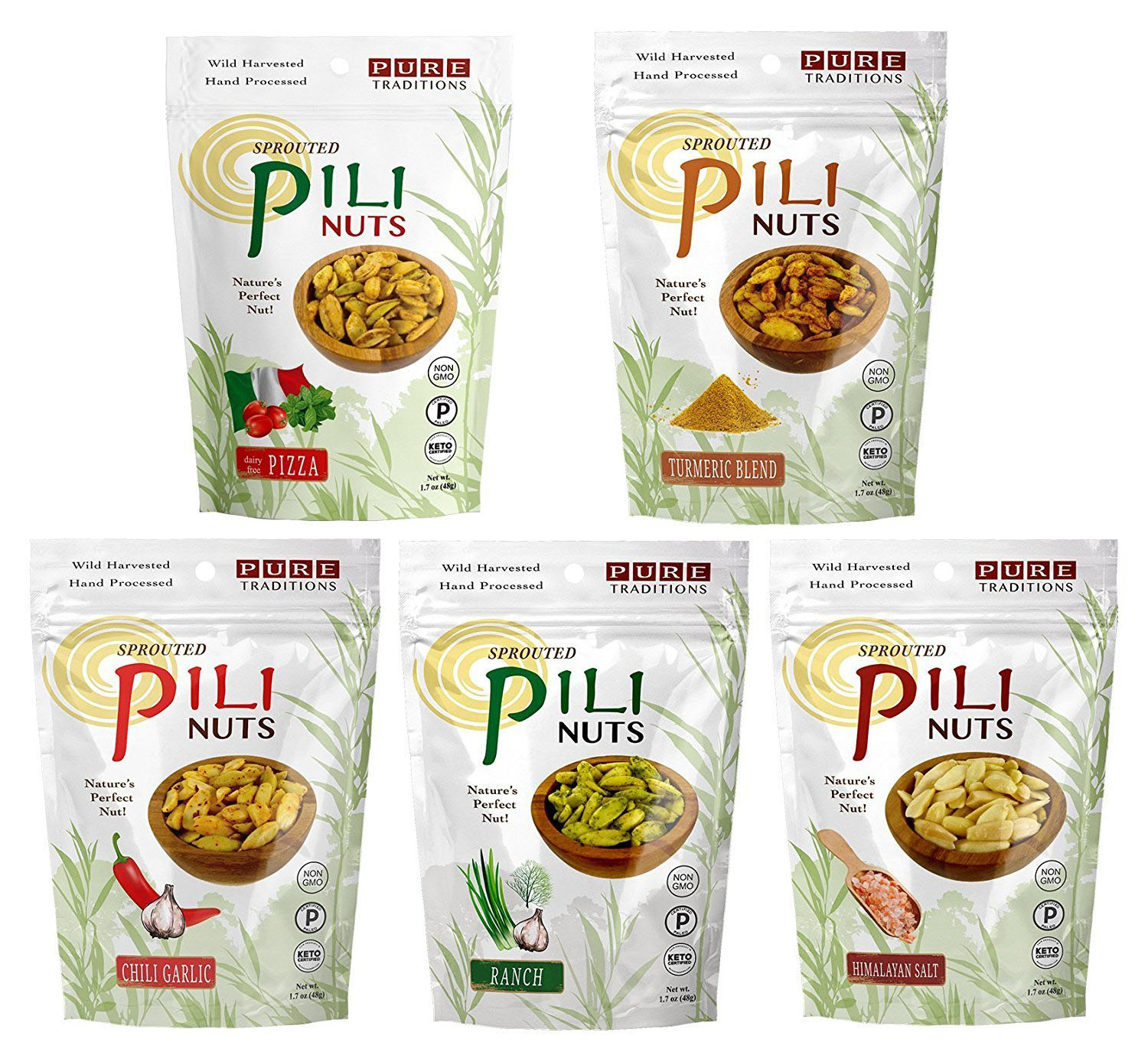 Sprouted Pili Nuts 5 Flavor Savory Variety Pack (5 bags total