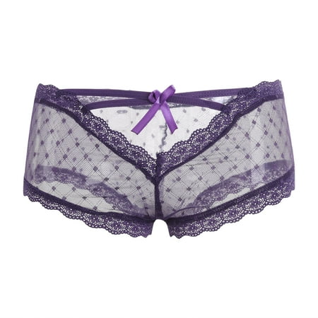 

Douhoow Women Cage Back Panties Mesh Perspective Wave Shape Bow Underpants See Through Lace Briefs