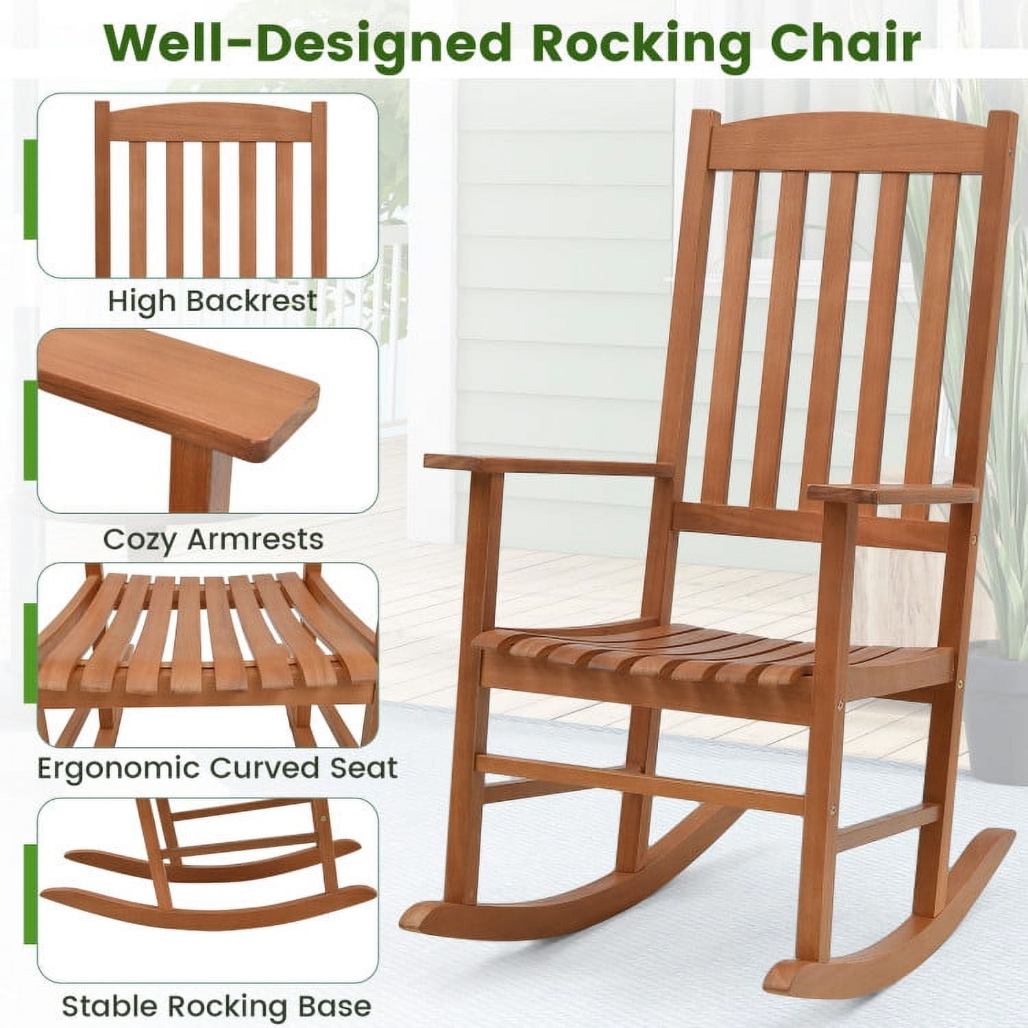 Aimee Lii Outdoor Rocking Chair, Patio Wooden Rocker Chair, Weather Resistant,for Lawn, Porch, Backyard, Indoor and Garden, Natural