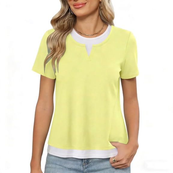 ZHYou 2 in 1 Layered Short Sleeve T Shirts for Women Casual Loose Fit Crew Neck Color Block Summer Tops Yellow XL