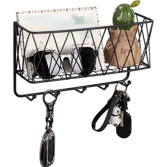 Entryway Mail Holder with Key Hooks, 11.0" L×2.6" W×5.1" H, Wall Mounted Matte Metal Wire Mesh Storage Basket with 5 Hooks