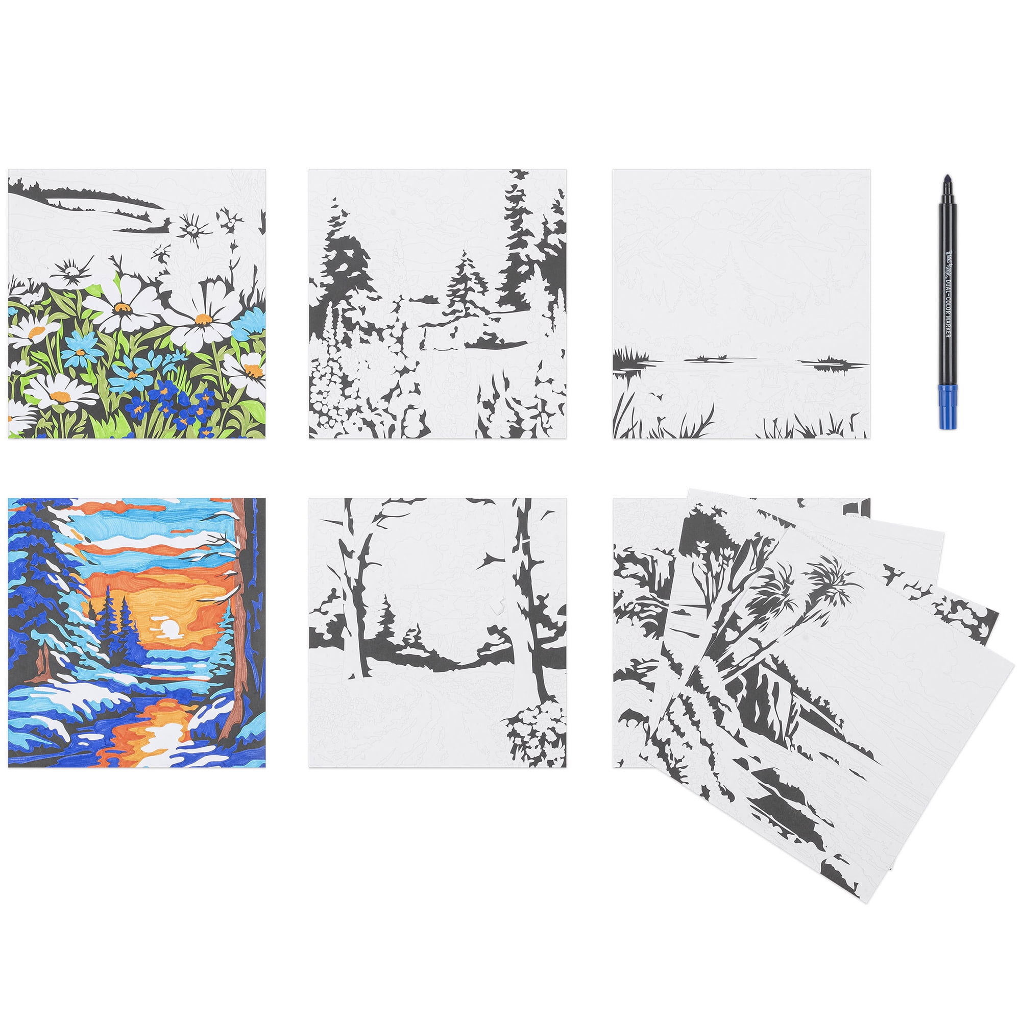 Brea Reese: Marker Color-by-Number Kit - Mountain Landscapes - 5 Dual-Tip Markers, 12 Designs, Guided Art, 8.5 x 9.75" Pages, Adult Spiral Art Pad