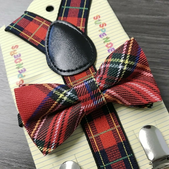 KIDS "RED PLAID" Matching Suspender & Bow-Tie Set Kids Toddler Baby Boys Girls
