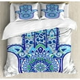 thumbnail image 1 of Hamsa Queen Size Duvet Cover Set, Large Hamsa Hand with Ethnic Asian Ornamental Flower and Petal Folkloric, Decorative 3 Piece Bedding Set with 2 Pillow Shams, Blue Turquoise White, by Ambesonne, 1 of 3