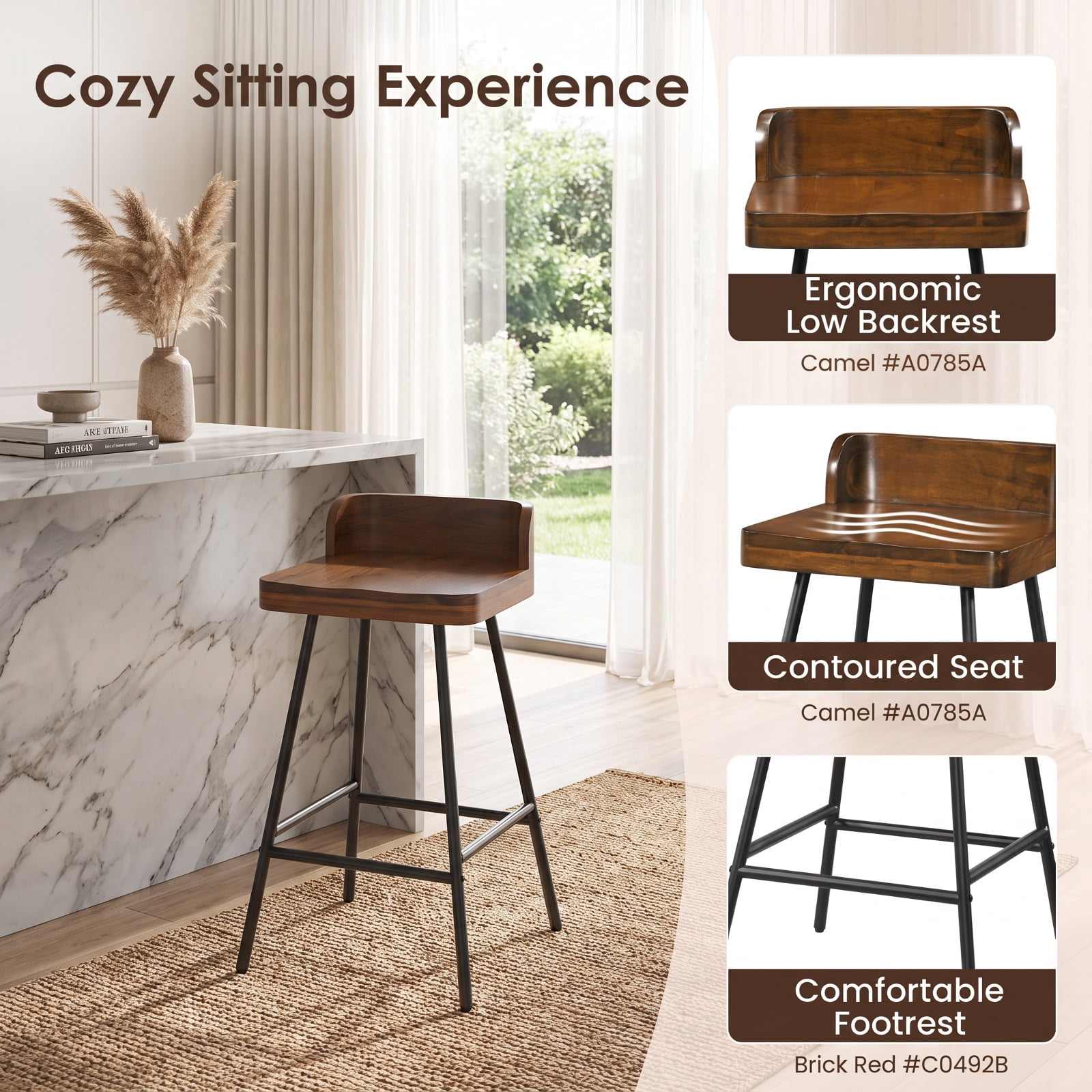 Furnibear 24" Industrial Rubber Wood Bar Stool with Low Back Metal Legs and Footrest for Kitchen Island Counter Bar Pub Dining Home, Brown