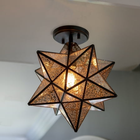 Star Pendant Lighting - Star Shaped One Light Antique Bronze and Mercury Glass Semi Flush Pendant