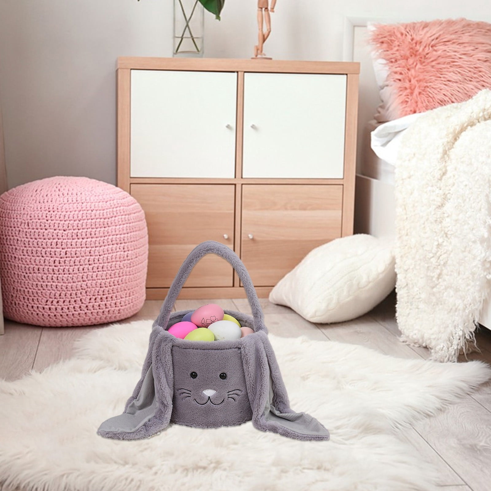 Lunxisen 2 Pcs Easter Basket Bunny Plush Ears Holiday Gift Storage Candy Egg Hunt Decor(23*19cm)