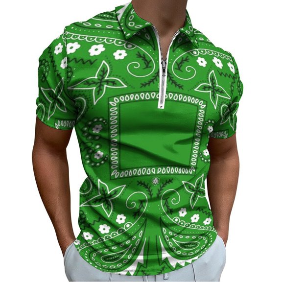 Green Paisley Bandana Pattern Men Zipper T-shirt Summer Casual Short Sleeve T-shirt Top