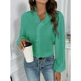 thumbnail image 3 of Women Business Casual Ruffle Long Sleeve Tops V Neck Shirts Work Solid Clothes Green S, 3 of 6