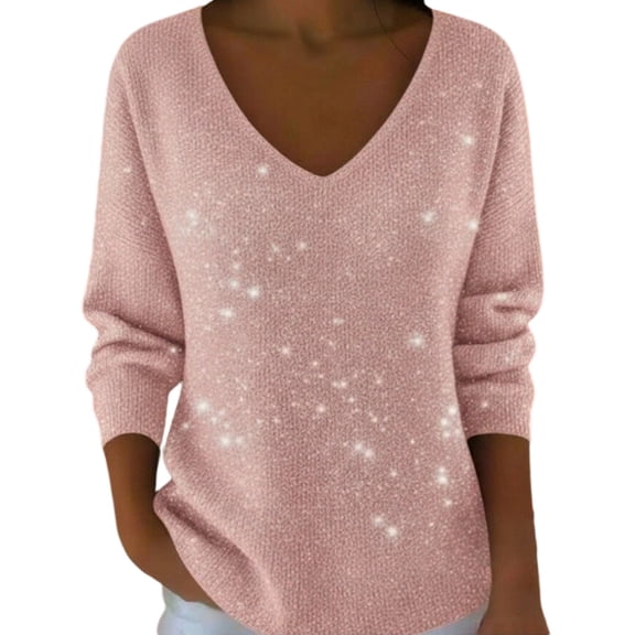 Womens Oversized Sweatshirts Sequin Print Long Sleeve V Neck Drop Shoulder Plain Pullover Tops Pink