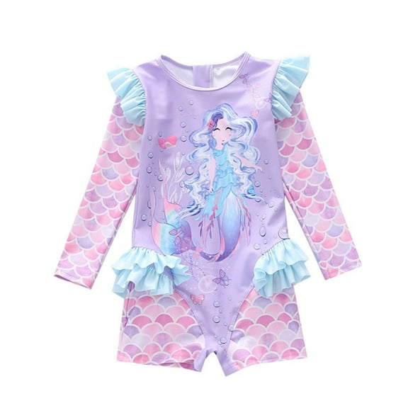 GYRATEDREAM Girls Swimsuits - One Piece Bathing Suit, Mermaid Print Ruffle Long Sleeve Zipper UPF 50 , Quick Rash Guard Dry Beach Swimwear for 2-9Y