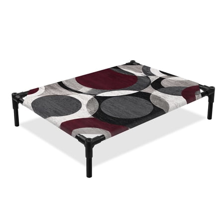 Overlapping Circular Rings Elevated Dog Bed Minimalist Abstract Red Black Texture Cooling Breathable Outdoor Raised Dog Cot Bed with Metal Frame Non-Slip Feet for Large Dog 28x22in