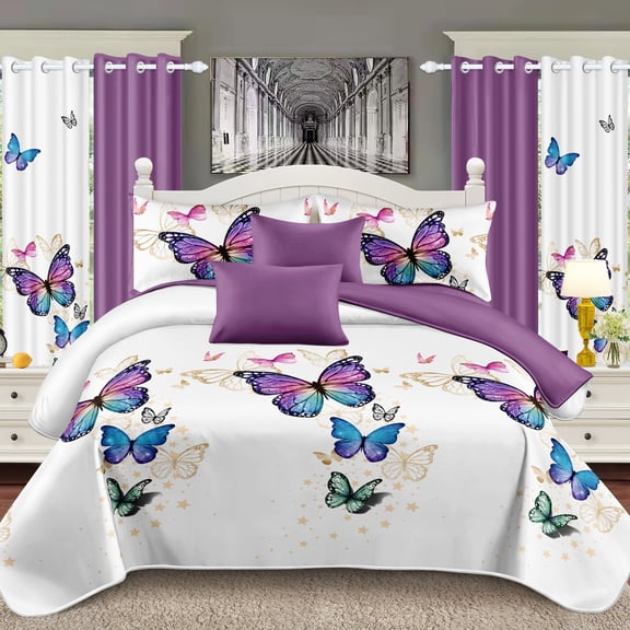 Colorful Butterfly Print 9-Piece Bedding Set with Curtains - Purple and White Microfiber Bedspread & Pillowcases for Bedroom Decor(Queen)