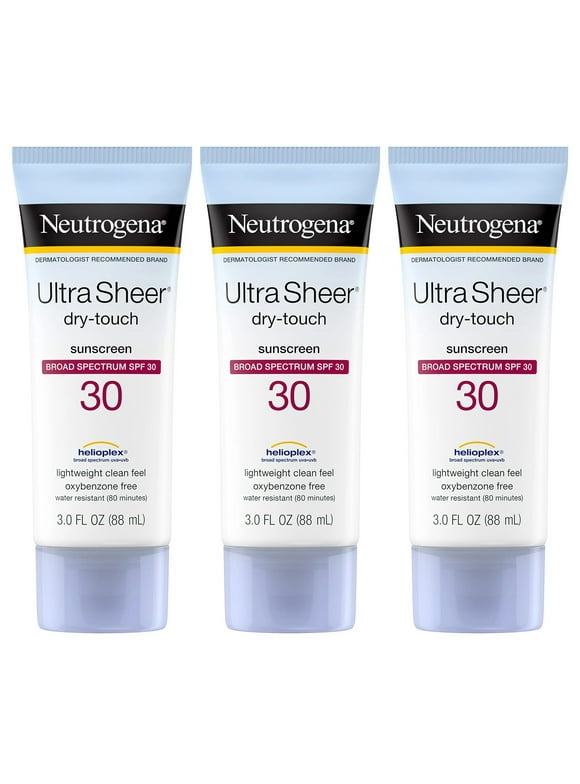 Neutrogena Ultra Sheer Dry-Touch Sunscreen Lotion, Broad Spectrum SPF 30 UVA/UVB Protection, Oxybenzone-Free, Water Resistant, Non-Comedogenic, Non-Greasy, Travel Size, 3 Fl Oz, Pack of 3