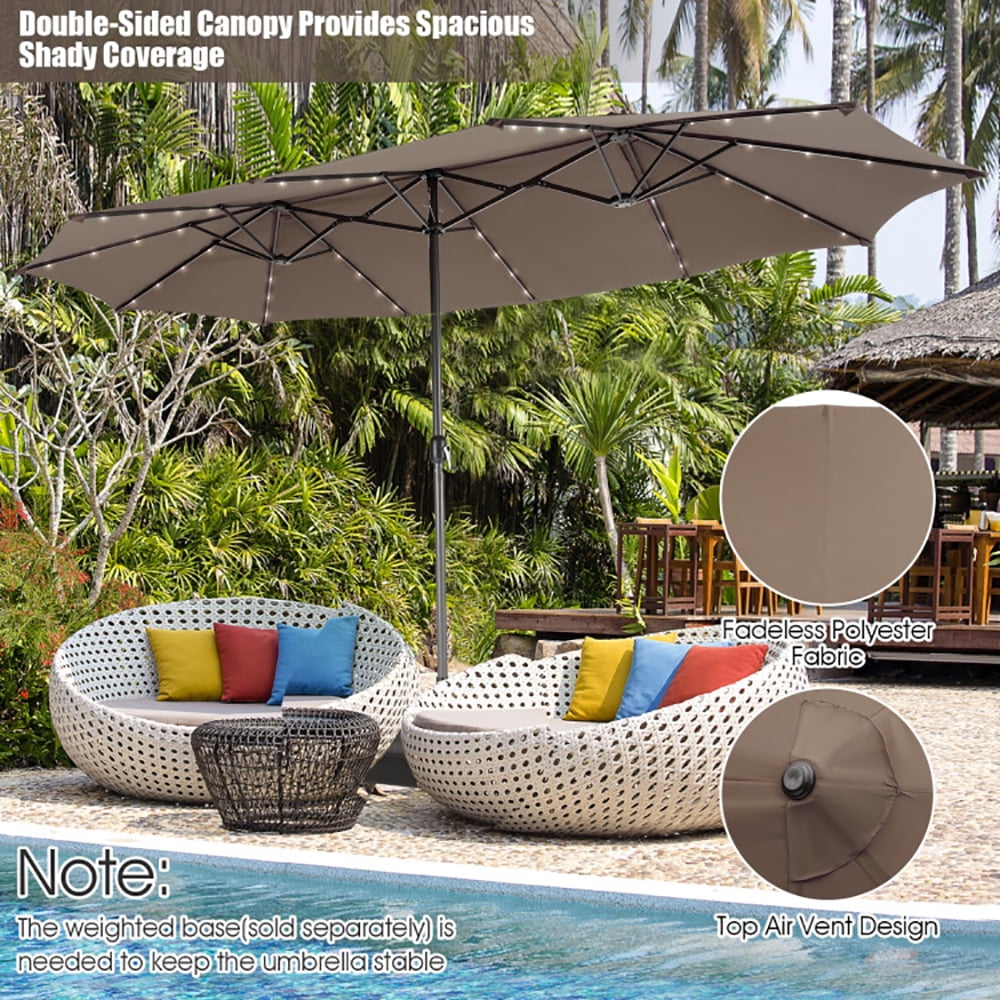 Aimee Lii 15 Feet Twin Patio Umbrella with 48 Solar LED Lights, Outdoor Umbrellas for Patio, Brown