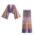 thumbnail image 4 of HH TRAF 2024 Moda Mujer Boho Estampado Manga Larga Cuello en V Pliegues Top Corto + Bolsillos Laterales Diseño Cordón Pantalones Largos Sueltos, 4 of 5