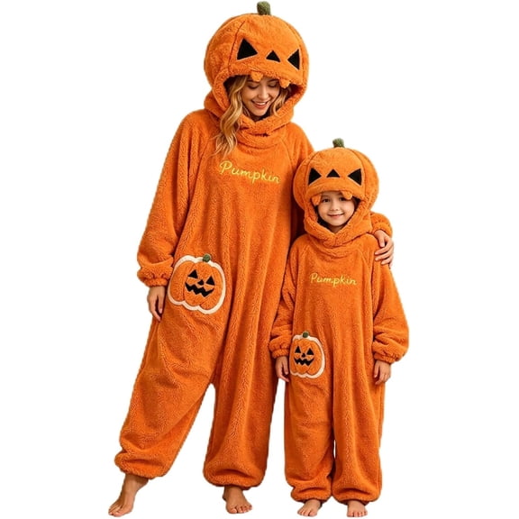 Halloween Pumpkin Onesie Family Matching Pajamas, Plush Snug Hooded Jumpsuit One Piece Loungewear,Soft Plush Fleece Jack-o'-Lantern Sleepwear with Hood & Pockets