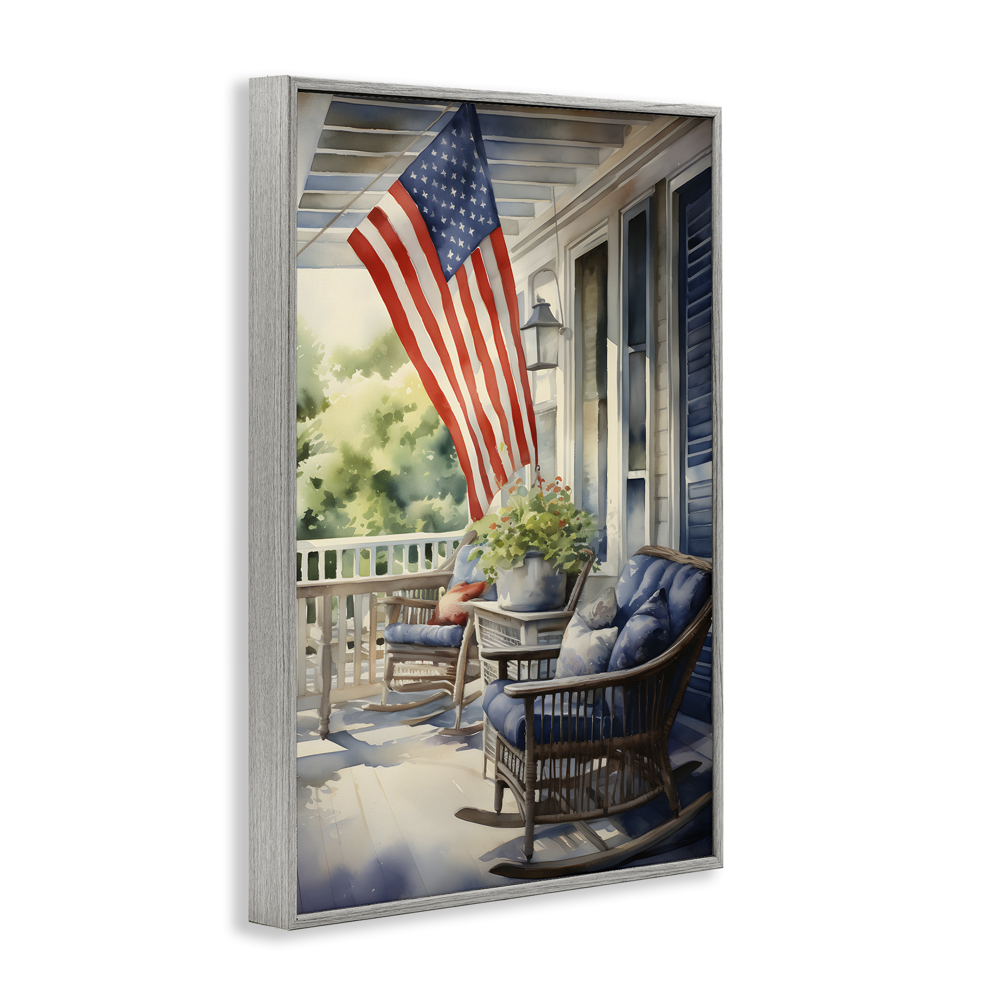 Stupell Industries Porch with American Flag Scenery Painting Gray Framed Art Print Wall Art, 20 x 30