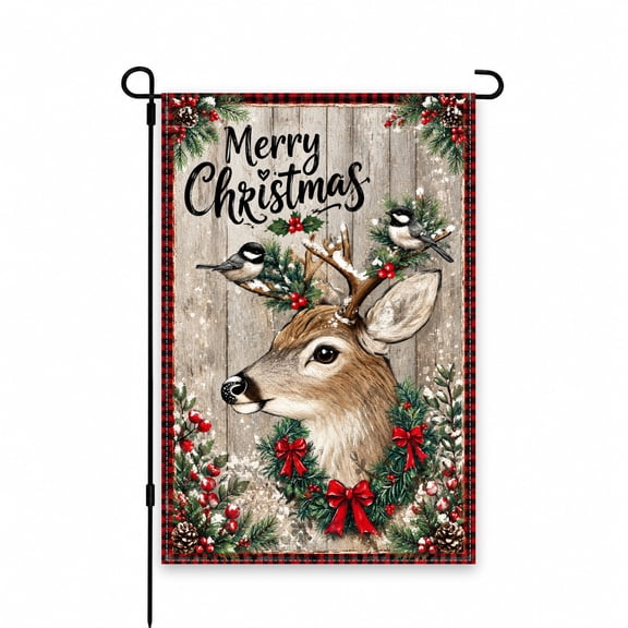 Merry Christmas Garden Flag 12 x 18 Inch, Rustic Reindeer with Wreath and Chickadees, Holiday Yard Décor for Lawn, Patio, Porch, or Outdoor Display