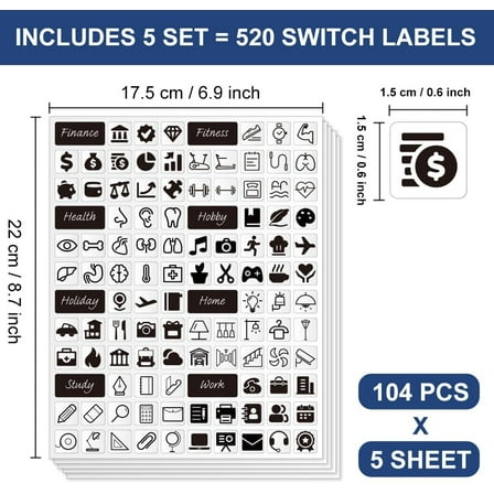520 Pcs Sticker Labels for Journal 104 Designs Transparent Switch ID Stickers Black Switchboard Label Decals for Home Kitchen Bathroom Office School