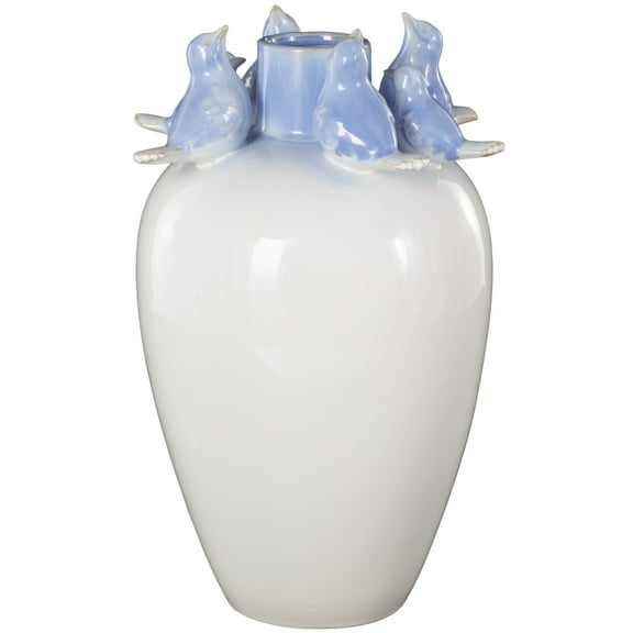 DecMode 13" Bird White Ceramic Vase with Blue Accents