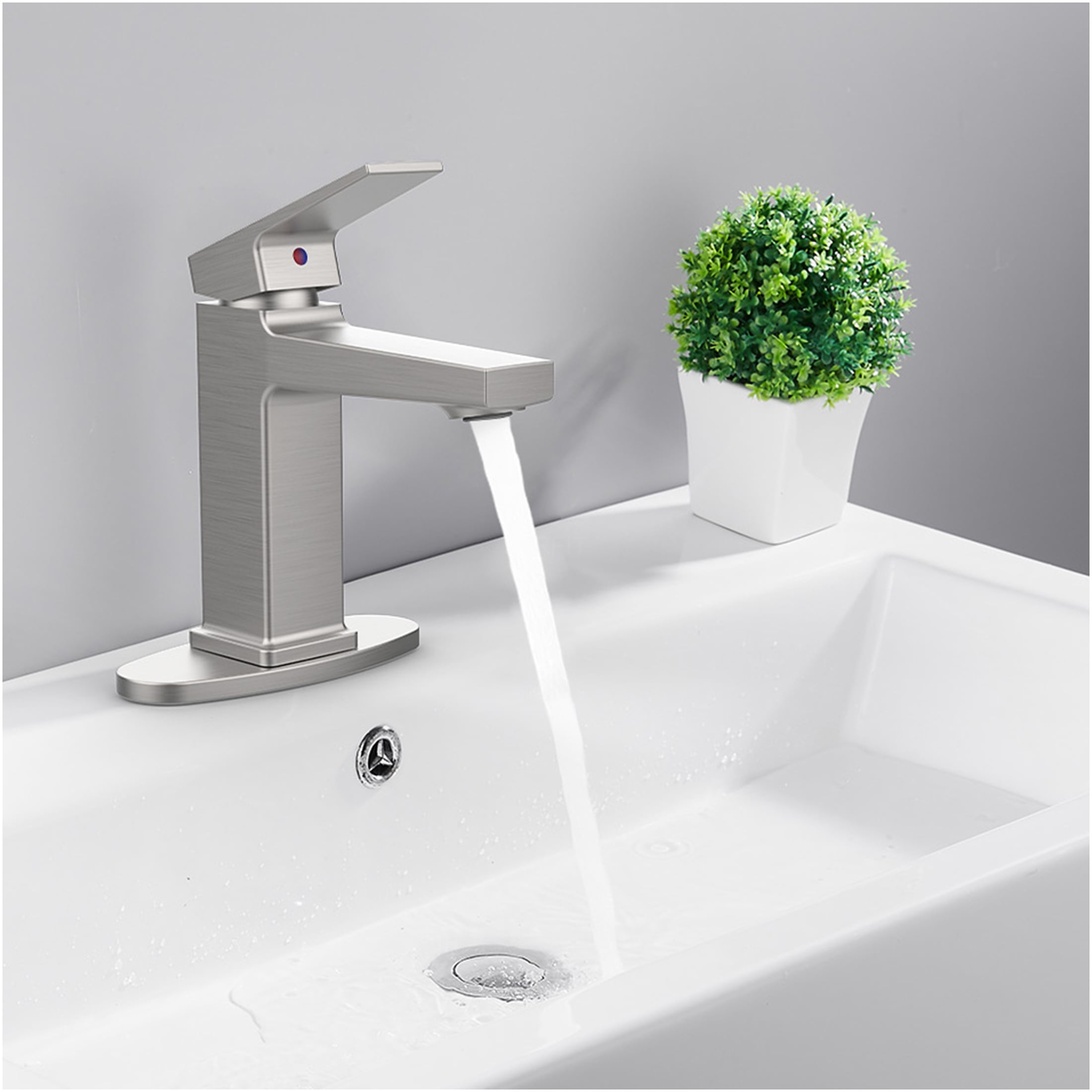 JERFIT Modern Single Handle Bathroom Sink Faucet, Brushed Nickel Vanity Faucet with Deck Plate for 1 or 3 Hole, Water Efficient, Easy Install
