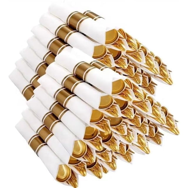 Joyido 400PCS Pre Rolled Gold Plastic Silverware Sets - Heavy Duty Gold Cutlery - Include 100 Pack Wrapped Disposable Utensils with Napkins for Parties, Dinners & Weddings