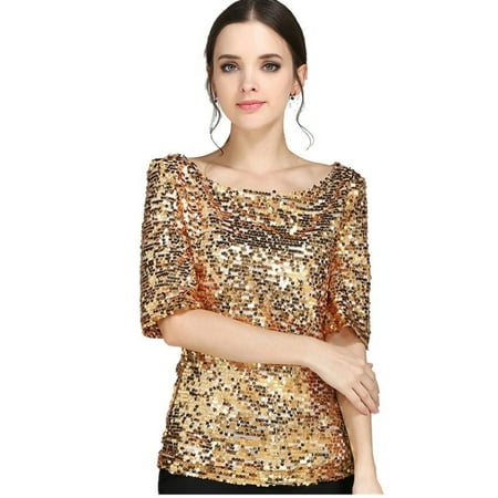 Party Womens Tank Top - New Sequin Womens Lady Sparkle Glitter Tank 3/4 Sleeve Coctail Party Top T-Shirt