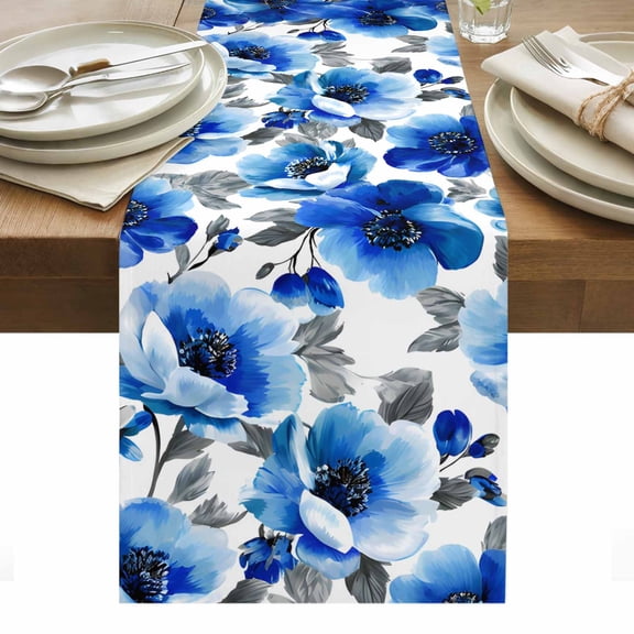 Blue Flowers Table Runner - 120 Inch Long, Kitchen Dining Table Runner Dresser Scarves, Spring Watercolor Leaves Floral Plants Farmhouse Decor for Coffee Tables Wedding Party Banquet