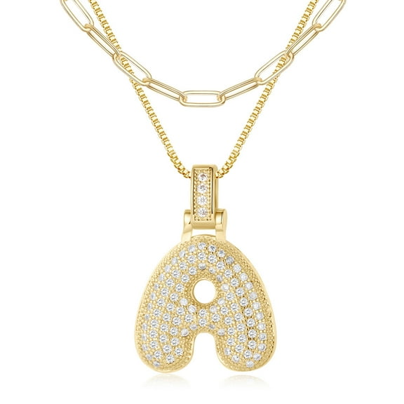 IEFSHINY Bubble Letter Necklace Gold for Women, 18K Gold Plated Balloon Pendant Cubic Zirconia Bubble Initial Necklace for Women