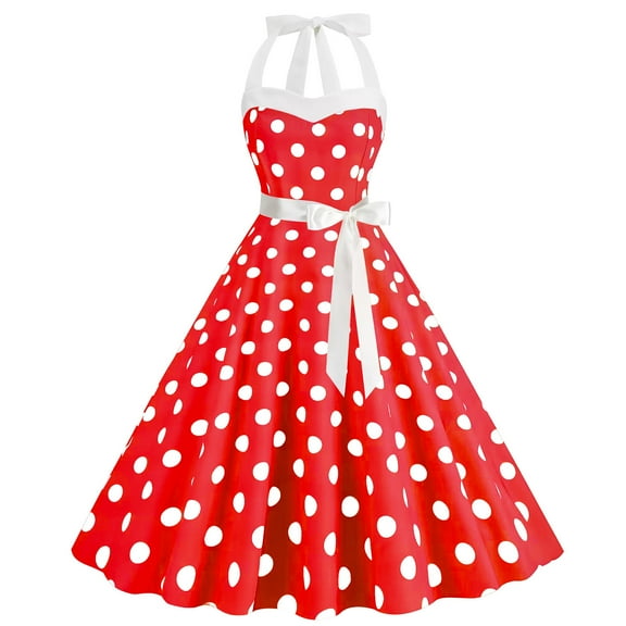 Munlar Women's Slip Dress Sleeveless Halter Neck Dress A-Line Vintage High Waist Polka Dot Midi Dress