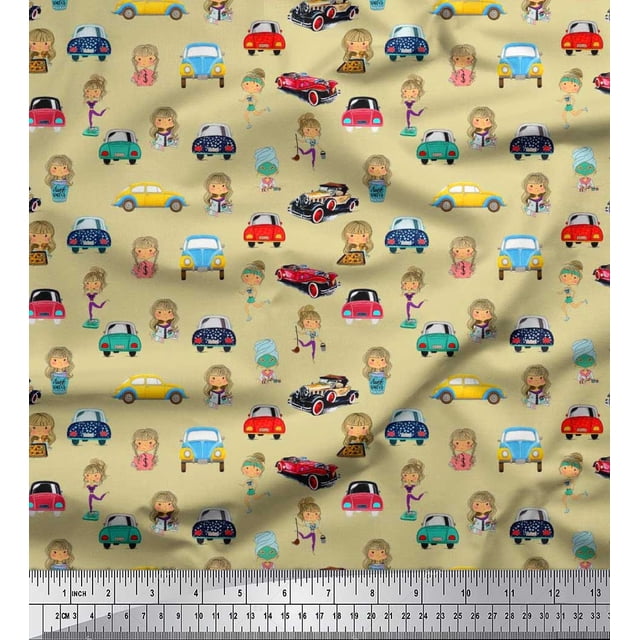Soimoi Velvet Fabric Cartoon Girl & Car Transport Print Sewing Fabric Yard 58 Inch Wide