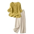 thumbnail image 2 of Linen Sets for Women 2 Piece Summer 2026 3/4 Sleeve Embroidered Boho Tops Wide Leg Pants Beach Vacation Outfits Lounge Wear,Yellow L, 2 of 7
