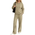 thumbnail image 2 of Hzzrkos Women Casual Loose Solid Color Crew Neck Long Sleeve Relaxed Fit Sweatshirt Top Matching Wide Leg Pants Two Piece Outfit Tracksuit Khaki M, 2 of 7