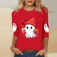 thumbnail image 5 of Funny Crewneck Tshirts Womens 3/4 Sleeve Halloween Graphic Tee Tops Cute Ghost Soft Loose Pullover Red 3XL, 5 of 5