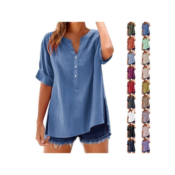 Outfmvch Gauze Tops for Women Casual Summer,Wrap Tops for Women,Cotton Linen Tops for Women,Button Up Shirt Women Short Sleeve,Linen Blouses for Women,Gauze Button Down Shirts for Women Army Green L