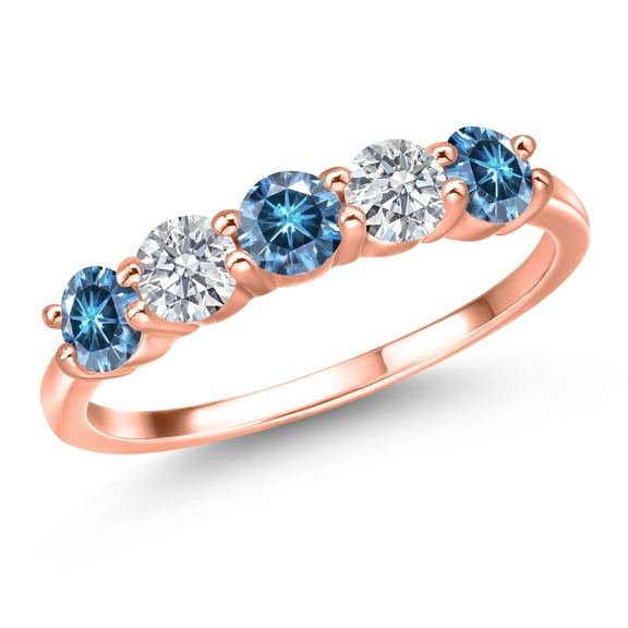 Gem Stone King 18K Rose Gold Plated Silver Band Ring Round Persian Blue Moissanite and Lab Grown Diamond G/H (1.23 Cttw, Size 6)